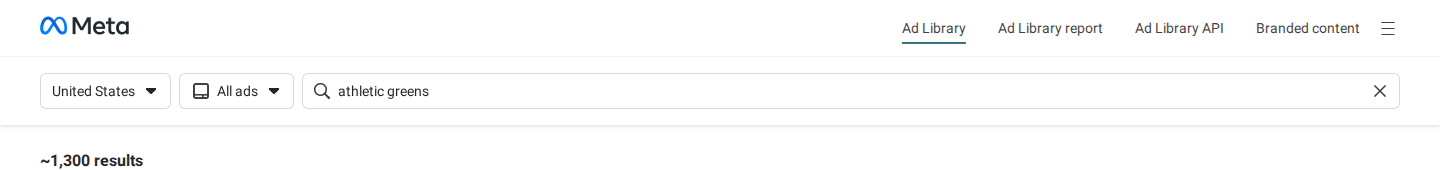Meta Ad Library search header showing the United States dropdown, All ads filter, search input with 'athletic greens', and ~1,300 results