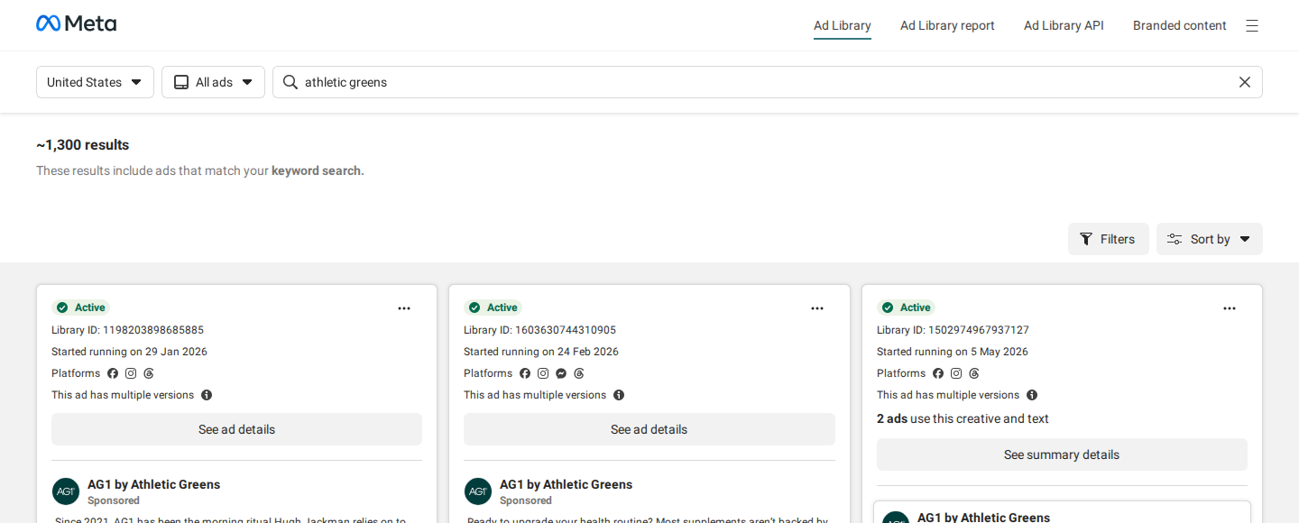 Meta Ad Library results page with Filters and Sort by buttons visible at right, above a grid of AG1 by Athletic Greens ad cards