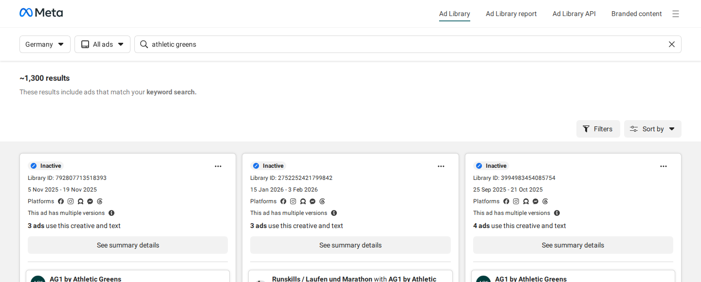 Meta Ad Library set to Germany (DE) showing AG1 Athletic Greens ads with EU transparency data on inactive ad cards