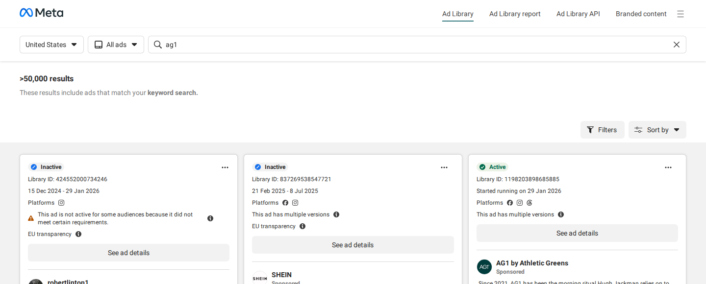 Meta Ad Library search results for the keyword 'ag1' showing competitor and affiliate ads referencing the AG1 brand name